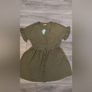 Maurice’s Size Medium Babydoll Dress Short Sleeved Olive Green Button Vneck New